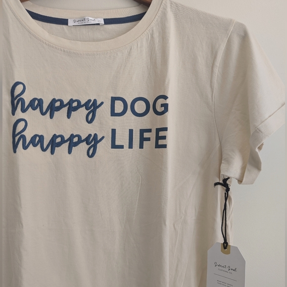 NWT Embroidered Cuffed Sleeves T Shirt WOMENS M/ L Happy Dog Happy Life Beige - Picture 13 of 13